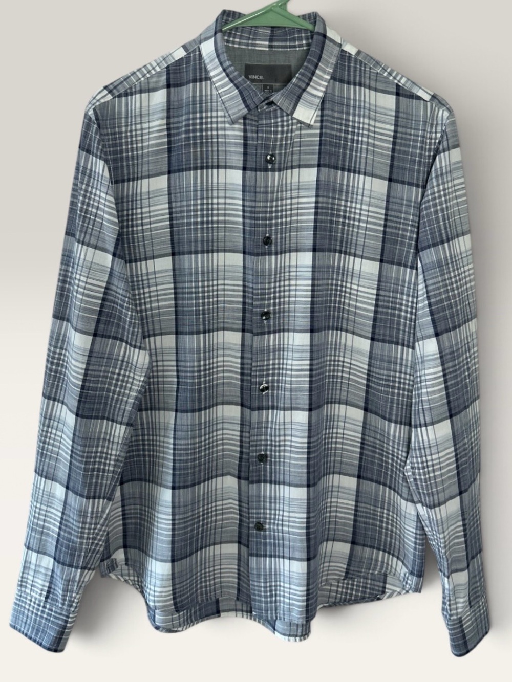 Vince Men’s Plaid Button-Down Shirt 100% Cotton Navy Gray Long Sleeve Small